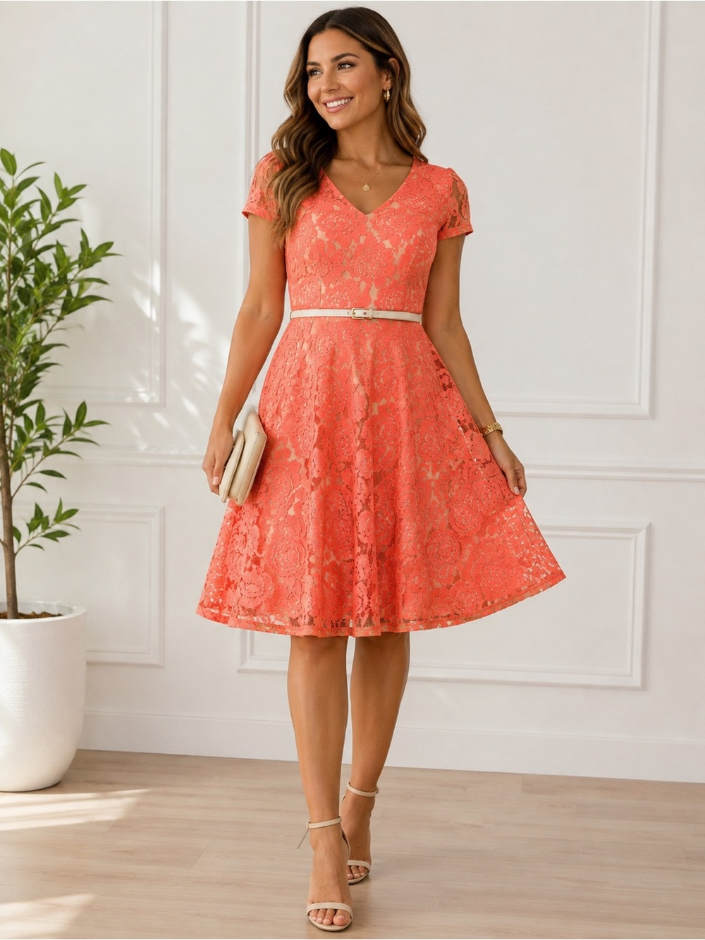 J. Taylor NWT Coral Floral Lace Fit & Flare Dress Size 8 Belted